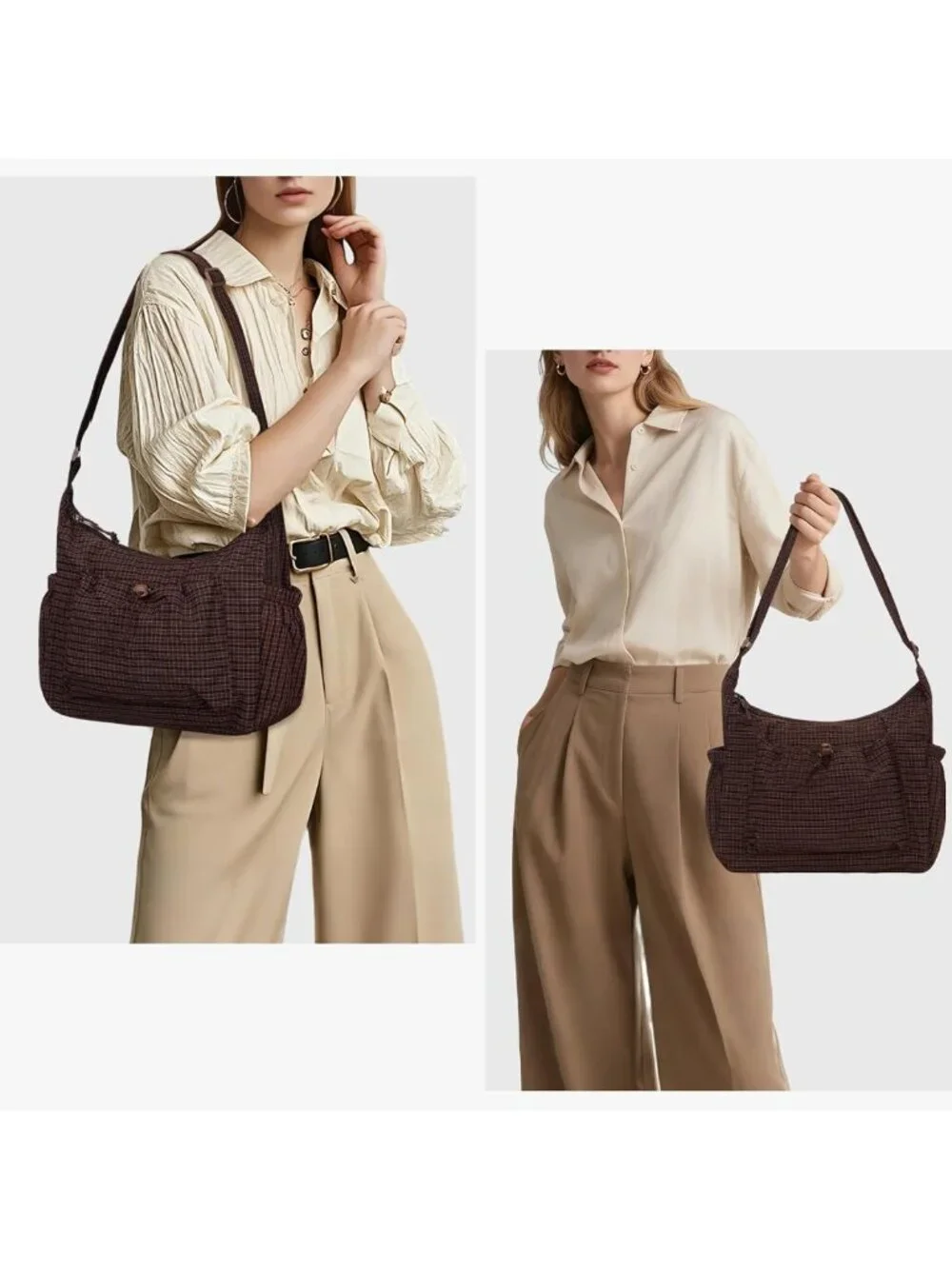 Plaid Nylon Hobo Bag | Soft Crossbody Messenger Purse with Adjustable Straps